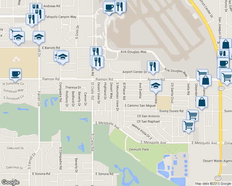 map of restaurants, bars, coffee shops, grocery stores, and more near 573 Desert Way in Palm Springs
