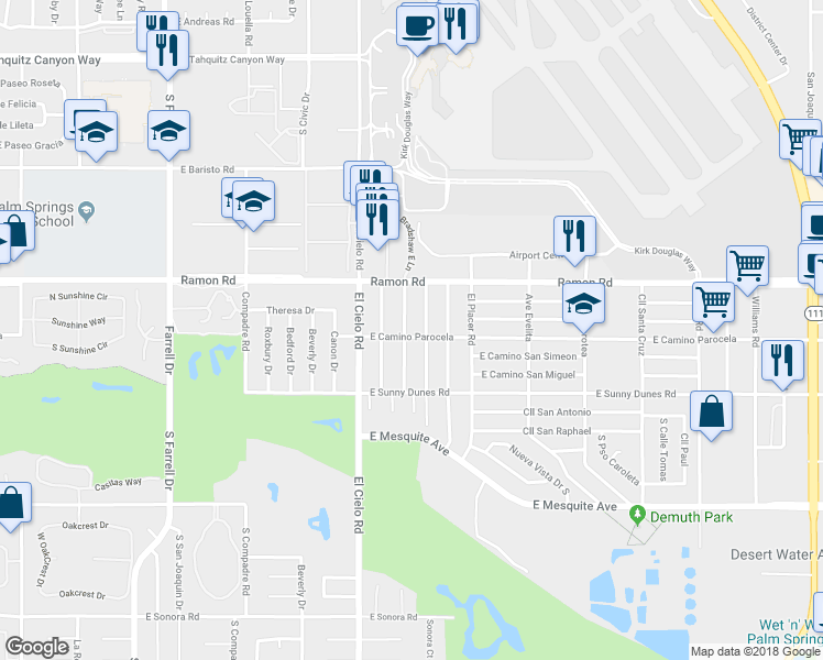 map of restaurants, bars, coffee shops, grocery stores, and more near 573 Desert Way in Palm Springs