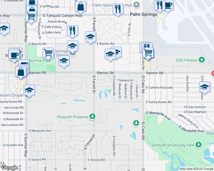 map of restaurants, bars, coffee shops, grocery stores, and more near 505 Compadre Road in Palm Springs