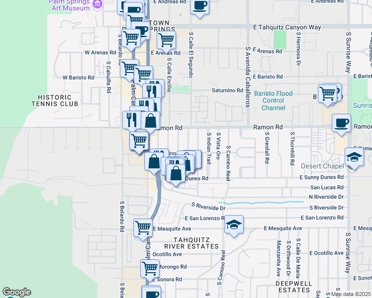 map of restaurants, bars, coffee shops, grocery stores, and more near 579 Calle Abronia South in Palm Springs
