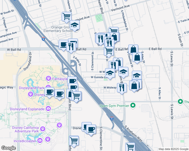 map of restaurants, bars, coffee shops, grocery stores, and more near 182 West Winston Road in Anaheim
