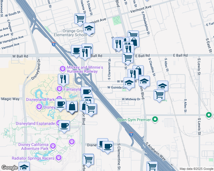 map of restaurants, bars, coffee shops, grocery stores, and more near 312 West Winston Road in Anaheim