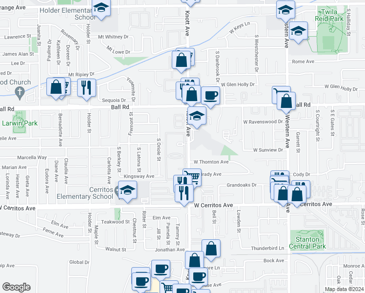 map of restaurants, bars, coffee shops, grocery stores, and more near 3508 West Greentree Circle in Anaheim