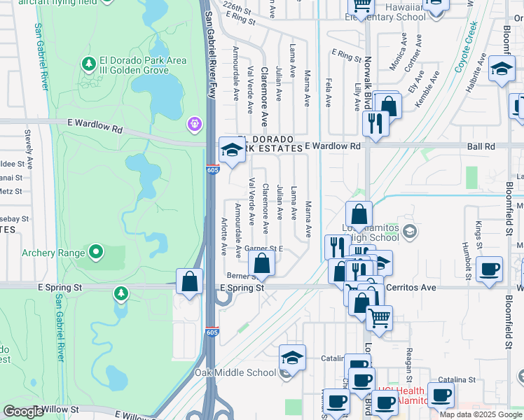 map of restaurants, bars, coffee shops, grocery stores, and more near 3186 Val Verde Avenue in Long Beach