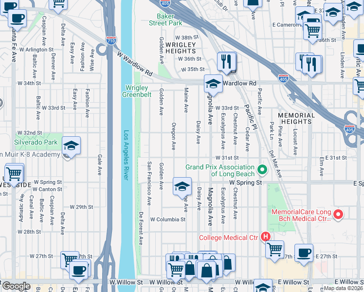 map of restaurants, bars, coffee shops, grocery stores, and more near 3160 Maine Avenue in Long Beach