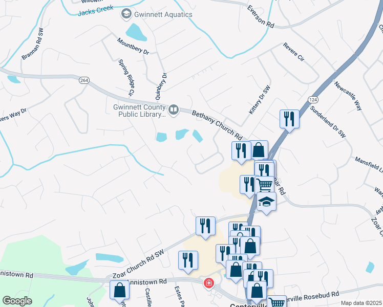 map of restaurants, bars, coffee shops, grocery stores, and more near 4079 Kittery Point Southwest in Snellville