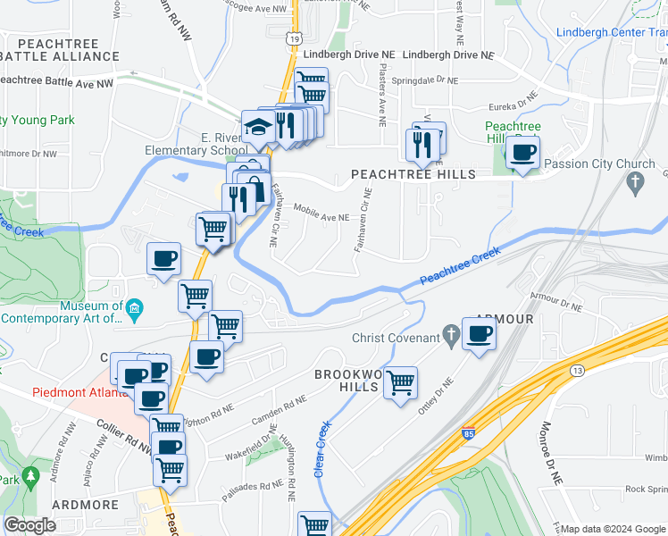 map of restaurants, bars, coffee shops, grocery stores, and more near 2140 Fairhaven Circle Northeast in Atlanta