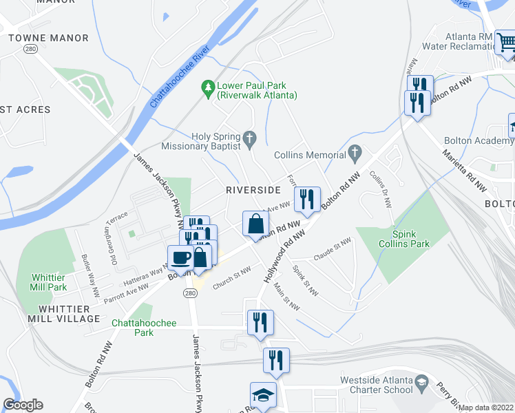 map of restaurants, bars, coffee shops, grocery stores, and more near 2152 Spink Street Northwest in Atlanta