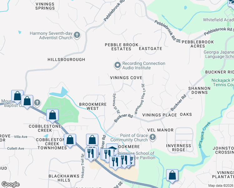 map of restaurants, bars, coffee shops, grocery stores, and more near 5547 Sylvania Drive Southeast in Mableton