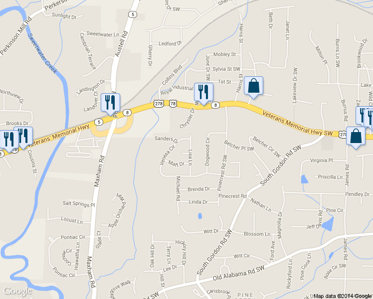 map of restaurants, bars, coffee shops, grocery stores, and more near 5750 Lisa Lane in Austell