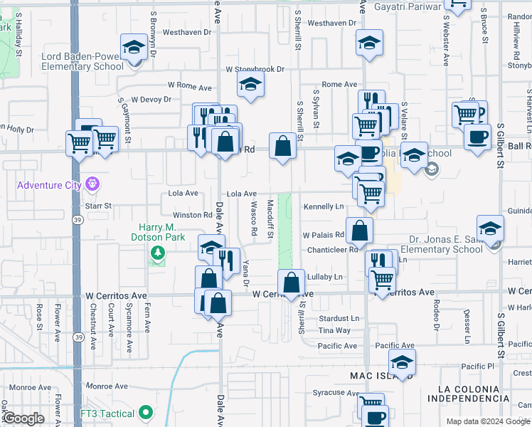 map of restaurants, bars, coffee shops, grocery stores, and more near 10221 Macduff Street in Stanton