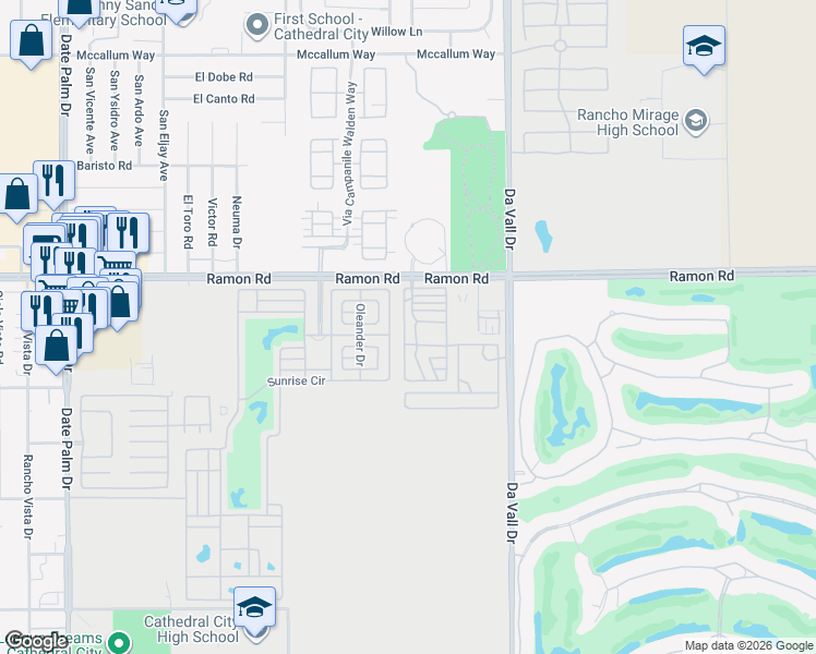 map of restaurants, bars, coffee shops, grocery stores, and more near 69801 Ramon Road in Cathedral City