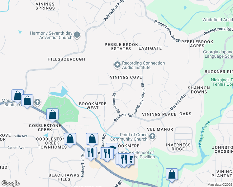 map of restaurants, bars, coffee shops, grocery stores, and more near 5547 Sylvania Drive Southeast in Mableton