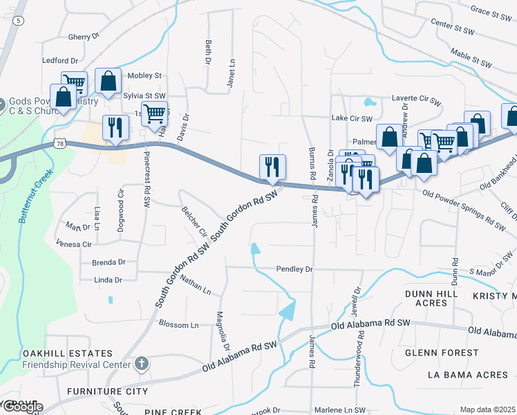 map of restaurants, bars, coffee shops, grocery stores, and more near 5723 South Gordon Road Southwest in Austell