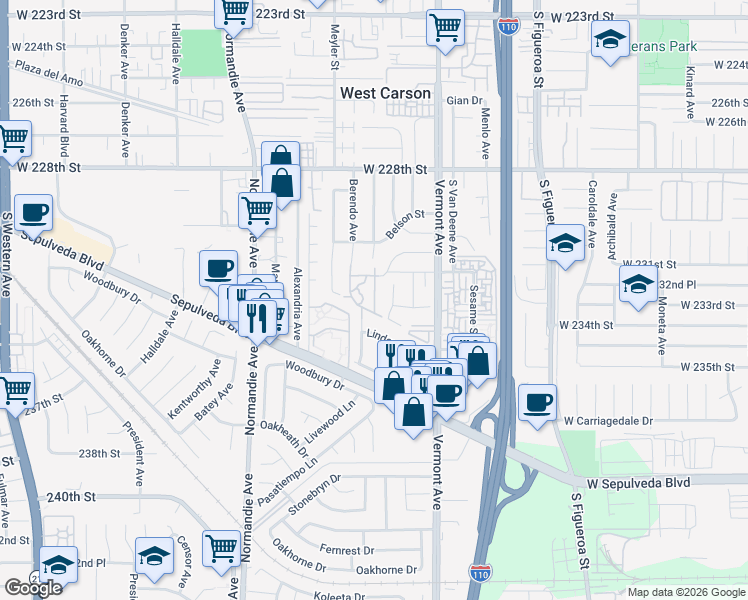map of restaurants, bars, coffee shops, grocery stores, and more near 1054 Park Circle Drive in Torrance