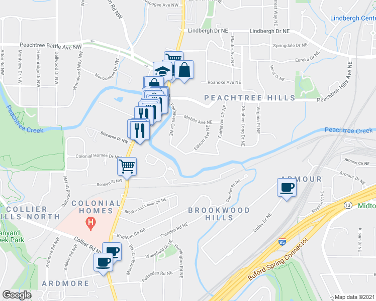 map of restaurants, bars, coffee shops, grocery stores, and more near 2100 Fairhaven Circle Northeast in Atlanta