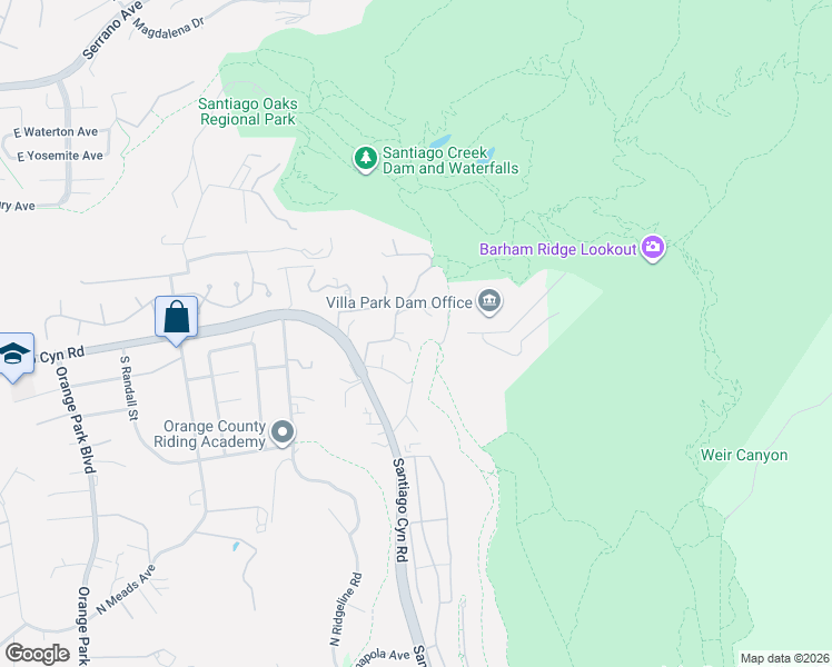 map of restaurants, bars, coffee shops, grocery stores, and more near 7722 East Sandberg Lane in Orange