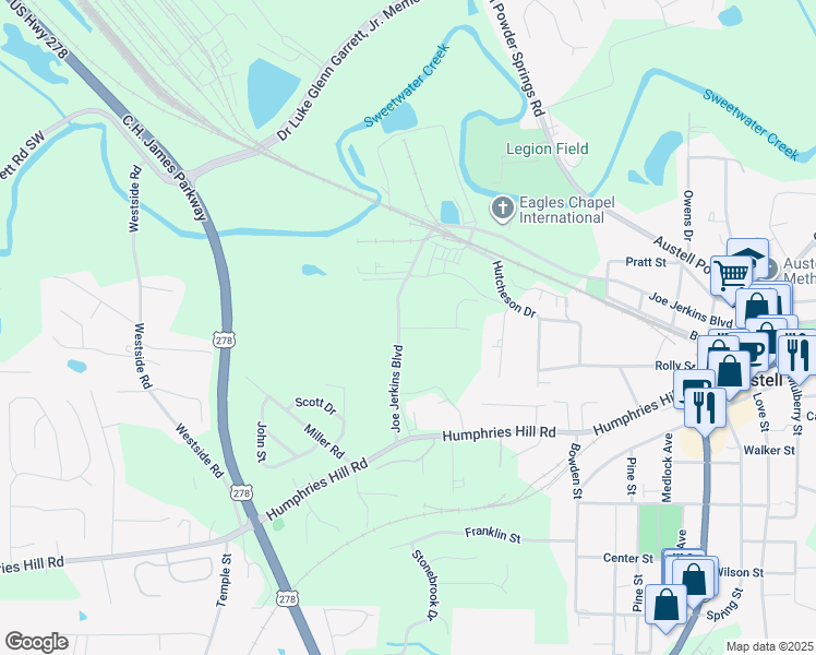 map of restaurants, bars, coffee shops, grocery stores, and more near 5770 Joe Jerkins Boulevard in Austell