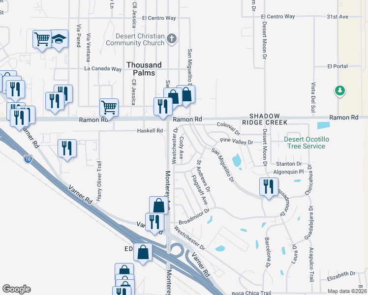 map of restaurants, bars, coffee shops, grocery stores, and more near 32222 Cody Avenue in Thousand Palms