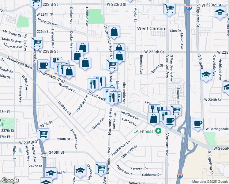 map of restaurants, bars, coffee shops, grocery stores, and more near 23225 Mariposa Avenue in Torrance