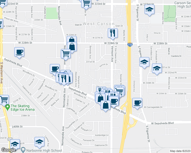 map of restaurants, bars, coffee shops, grocery stores, and more near 1053 Park Circle Drive in Torrance