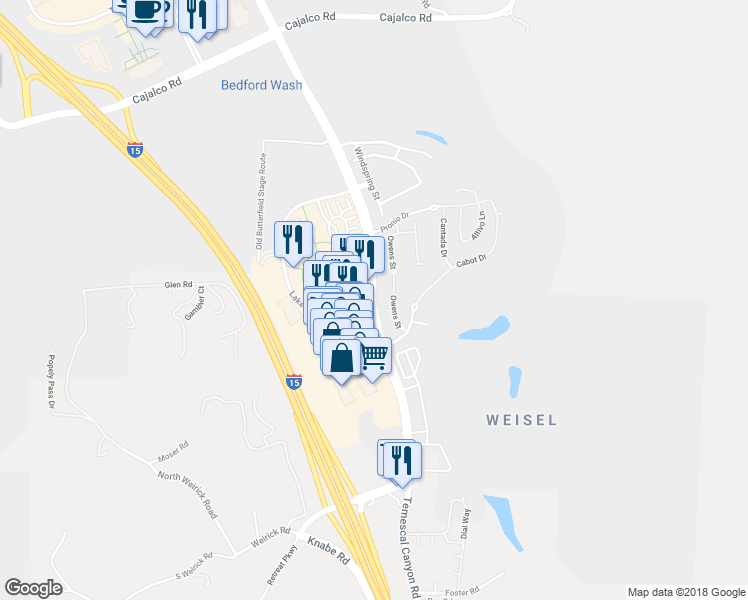 map of restaurants, bars, coffee shops, grocery stores, and more near 20736 Temescal Canyon Road in Corona