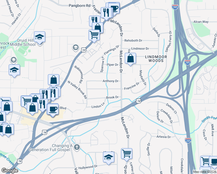 map of restaurants, bars, coffee shops, grocery stores, and more near 3094 Francine Drive in Decatur