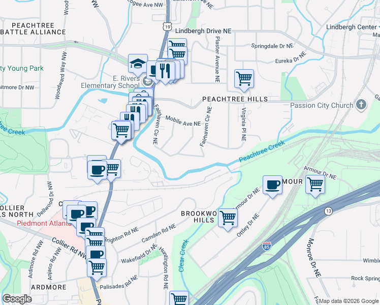 map of restaurants, bars, coffee shops, grocery stores, and more near 2140 Fairhaven Circle Northeast in Atlanta