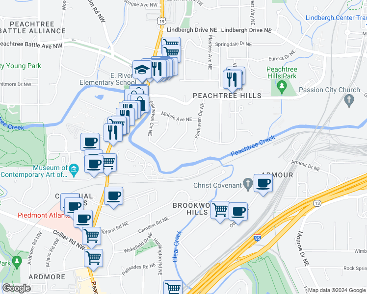 map of restaurants, bars, coffee shops, grocery stores, and more near 2140 Fairhaven Circle Northeast in Atlanta