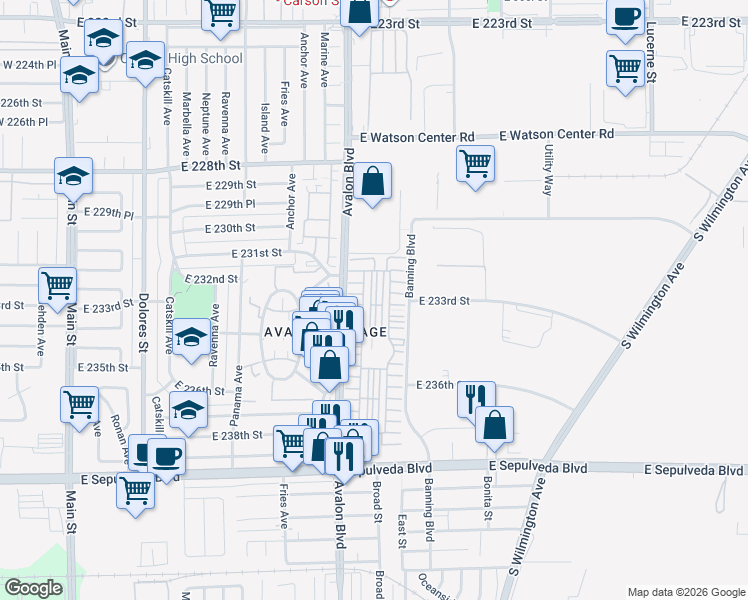 map of restaurants, bars, coffee shops, grocery stores, and more near 28 Paradise Valley North in Carson