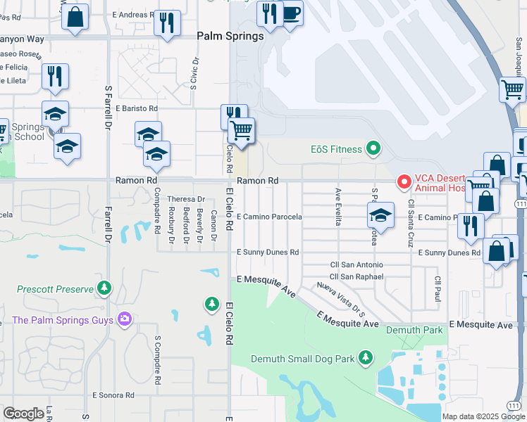map of restaurants, bars, coffee shops, grocery stores, and more near 588 Highland Drive in Palm Springs