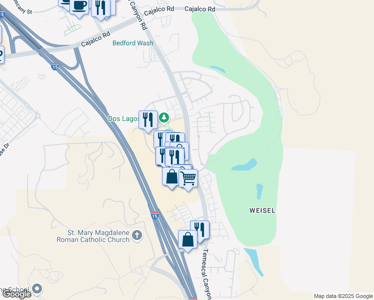 map of restaurants, bars, coffee shops, grocery stores, and more near Temescal Canyon Road & Lakeside Drive in Corona