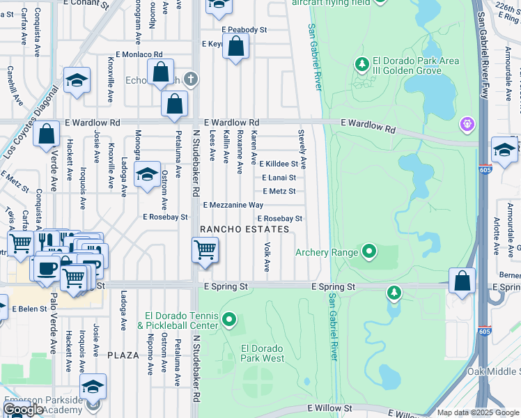 map of restaurants, bars, coffee shops, grocery stores, and more near 7108 East Mezzanine Way in Long Beach