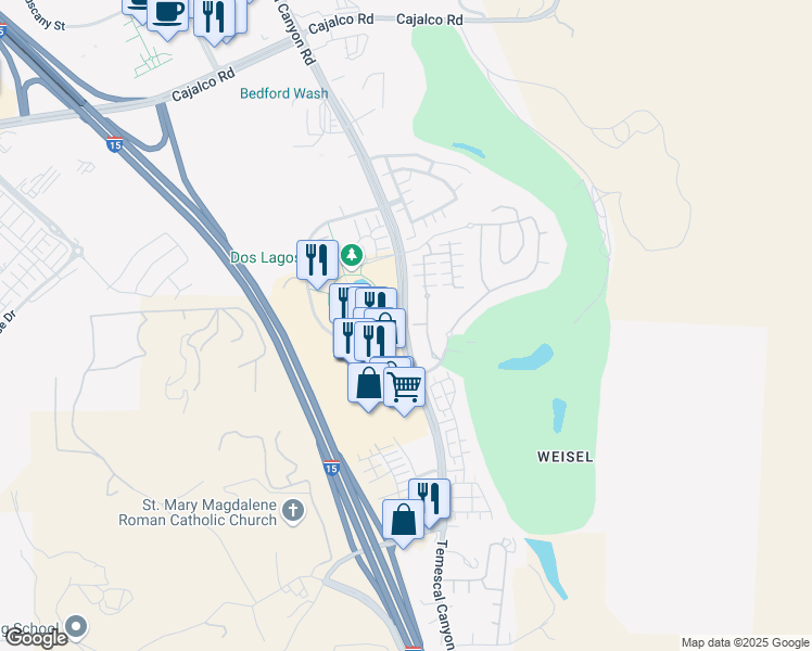 map of restaurants, bars, coffee shops, grocery stores, and more near Temescal Canyon Road & Lakeside Drive in Corona