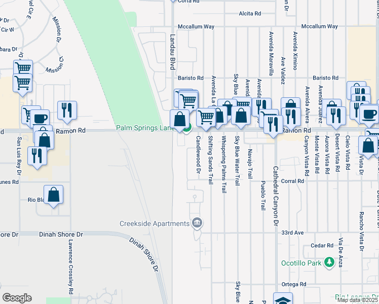 map of restaurants, bars, coffee shops, grocery stores, and more near 32505 Candlewood Drive in Cathedral City