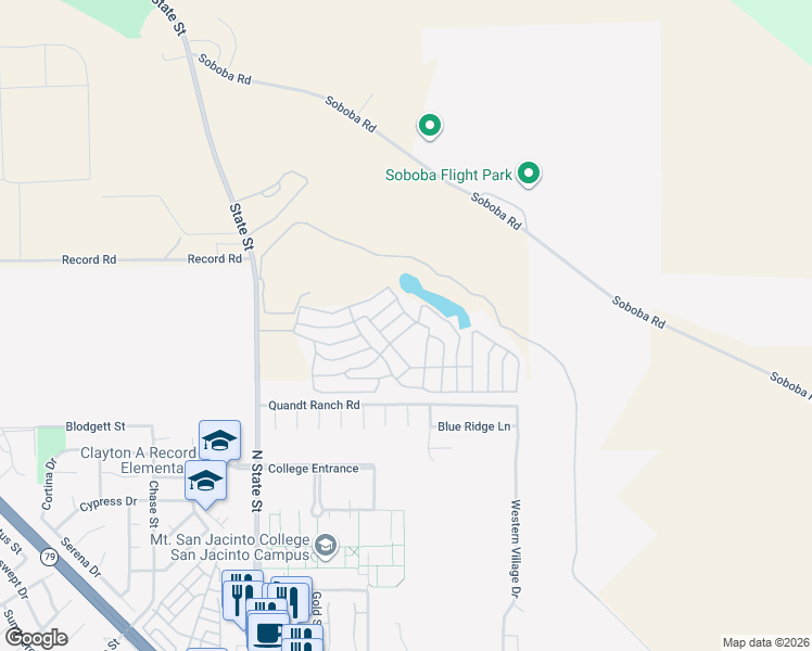 map of restaurants, bars, coffee shops, grocery stores, and more near 21100 State Street in San Jacinto