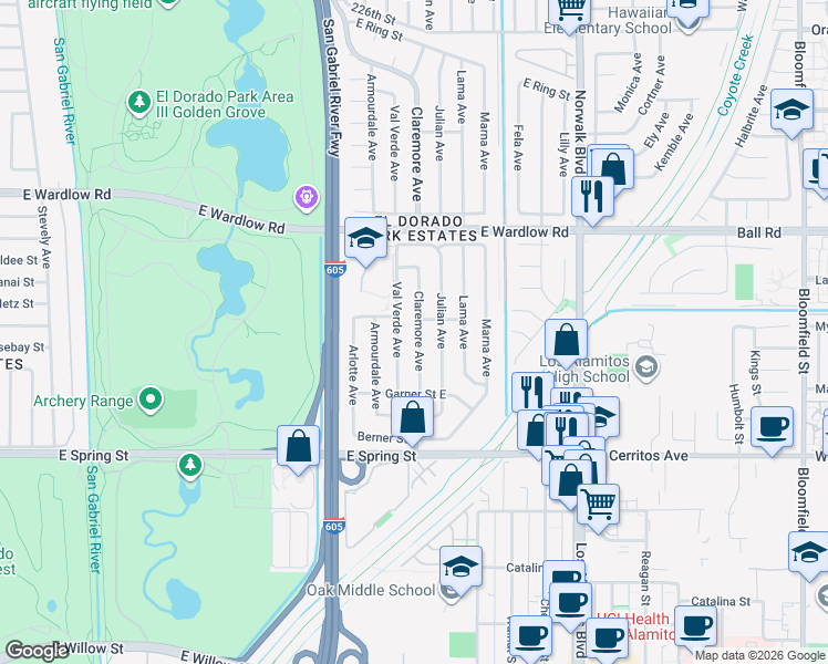 map of restaurants, bars, coffee shops, grocery stores, and more near 3186 Val Verde Avenue in Long Beach