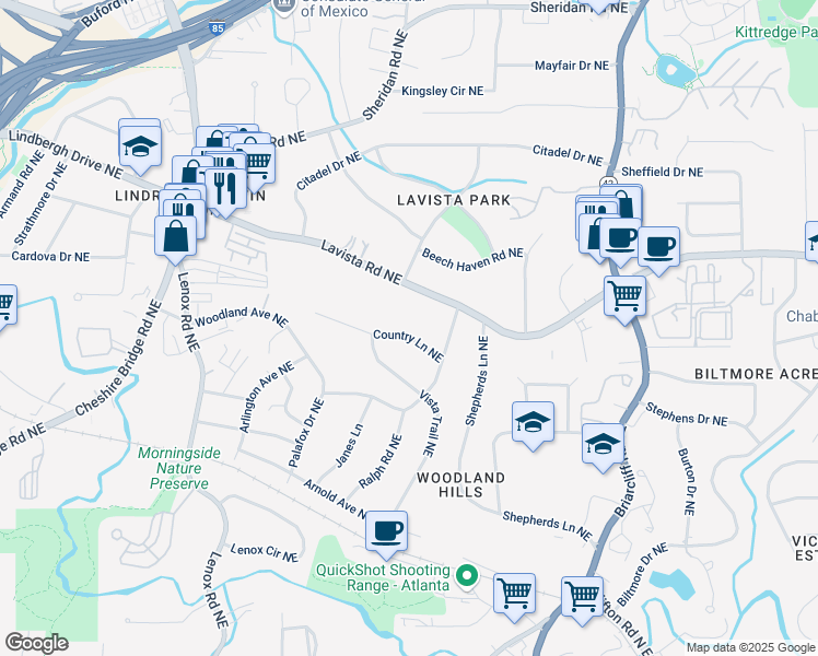 map of restaurants, bars, coffee shops, grocery stores, and more near 1134 Country Lane Northeast in Atlanta