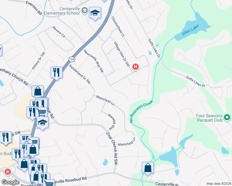 map of restaurants, bars, coffee shops, grocery stores, and more near 3345 Newcastle Way in Snellville