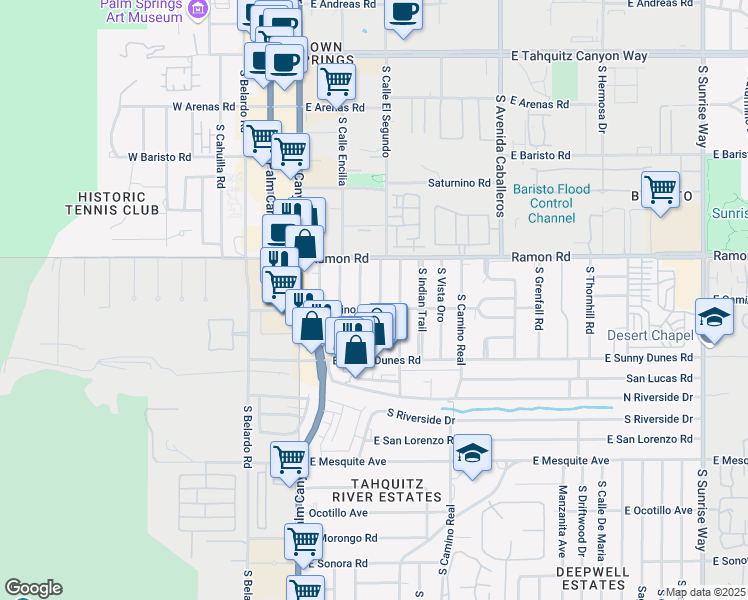 map of restaurants, bars, coffee shops, grocery stores, and more near 583 Calle Abronia South in Palm Springs