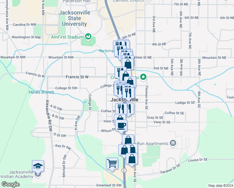 map of restaurants, bars, coffee shops, grocery stores, and more near 207 Gayle Avenue Southwest in Jacksonville