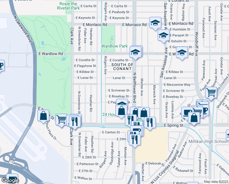 map of restaurants, bars, coffee shops, grocery stores, and more near 5331 East Scrivener Street in Long Beach