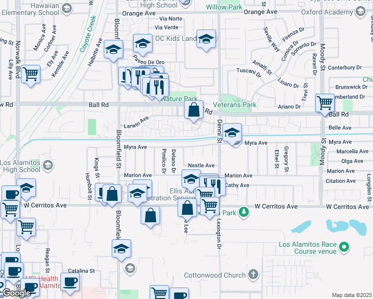map of restaurants, bars, coffee shops, grocery stores, and more near 4312 Myra Avenue in Cypress