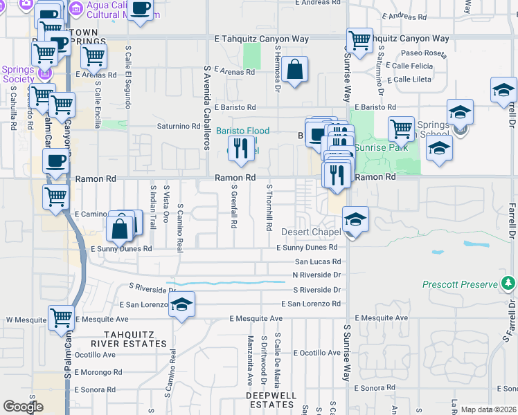 map of restaurants, bars, coffee shops, grocery stores, and more near 1111 Ramon Road in Palm Springs
