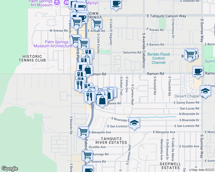 map of restaurants, bars, coffee shops, grocery stores, and more near in Palm Springs