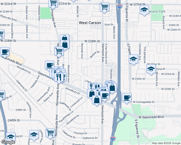 map of restaurants, bars, coffee shops, grocery stores, and more near 23225 Broadwell Avenue in Torrance