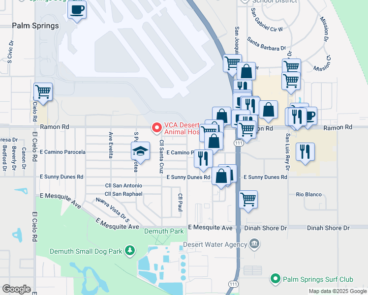 map of restaurants, bars, coffee shops, grocery stores, and more near 4499 East Cll De Carlos in Palm Springs