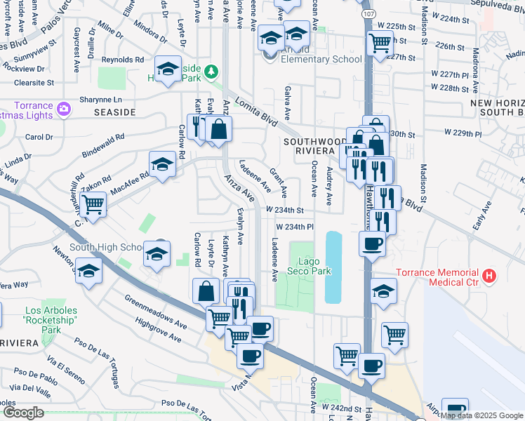 map of restaurants, bars, coffee shops, grocery stores, and more near 23404 West 234th Street in Torrance