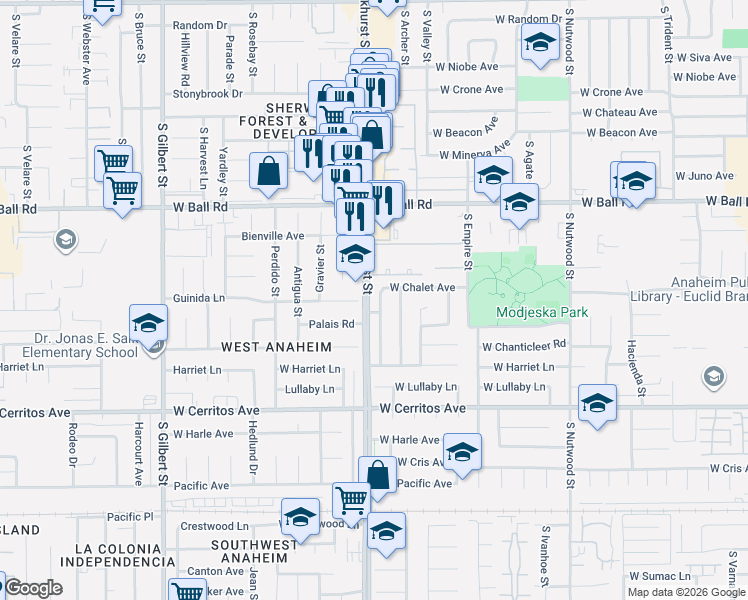 map of restaurants, bars, coffee shops, grocery stores, and more near 1321 South Pembrooke Lane in Anaheim
