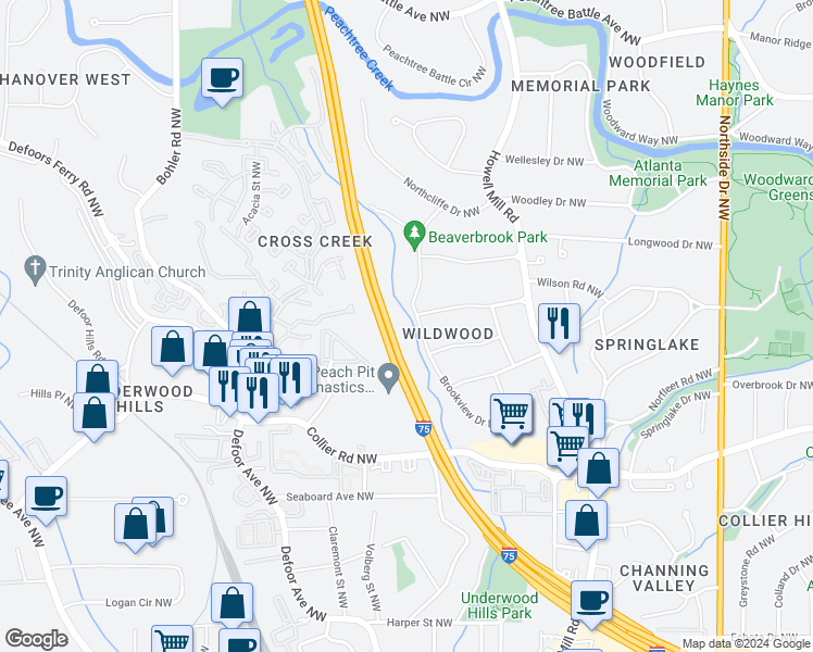 map of restaurants, bars, coffee shops, grocery stores, and more near 2162 Brookview Drive Northwest in Atlanta